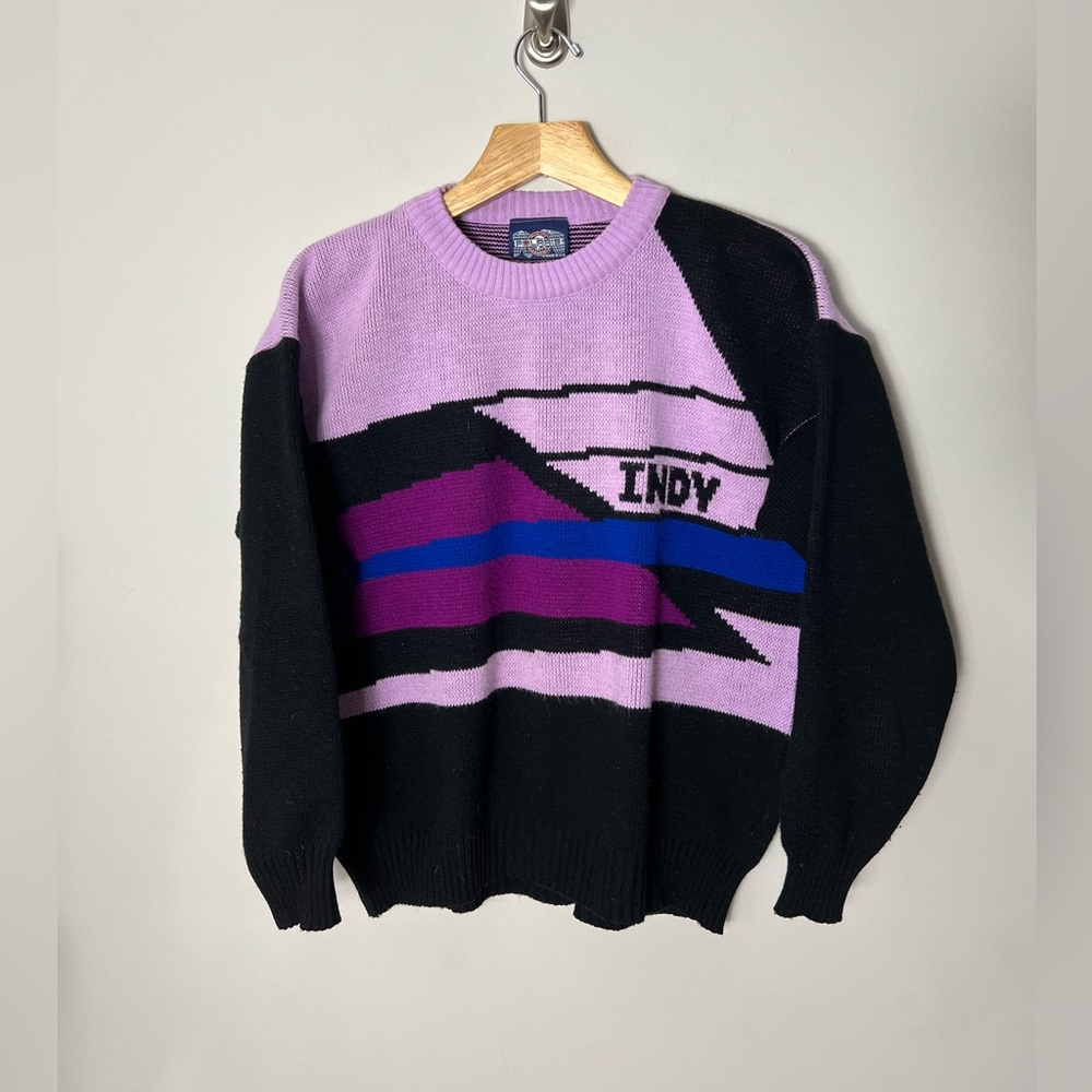 Vintage INDY Crewneck Geometric Sweater Purple Thick Knit size Large *P